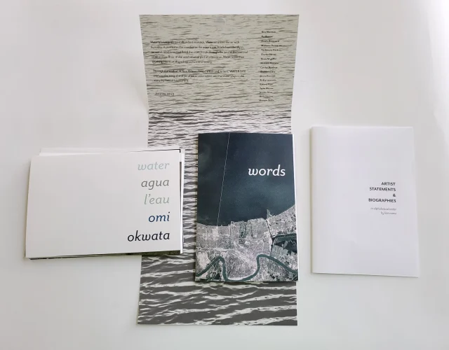 Image of Water Site portfolio, vertical sheet of black and white water with fine text of artist names, with three enclosures displayed horizontally. Left: white 6x9" card with Water spelled in several languages on right edge. Center: 6x9" booklet with headline "Words" and map image of New Orleans showing Mississippi River at bottom and Lake Pontchartrain at top, Right: 6x9" white booklet with cover text stating "Artist Statements & Biographies" in a clean, simple black font.