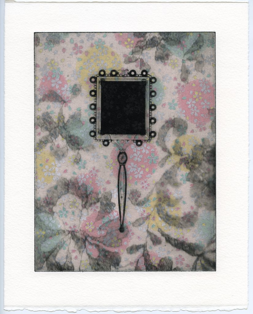 Rectangular image with silhouette of handheld mirror floating in center. Floral lace patterns swirl around the edges while soft pink and blue circles emerge from the background.