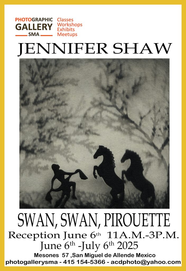 Exhibition invitation featuring image of shadowy silhouettes of woman dancing with two horses on a grey-green background with misty foliage above. The image is by Jennifer Shaw, promoting her exhibition 'Swan, Swan, Pirouette' at Photographic Gallery SMA, June 2025.