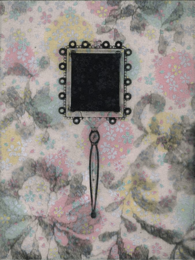 Silhouette of rectangular hand-held mirror, surrounded by lacy floral swirls, against patterned background. Photogravure on chine collé